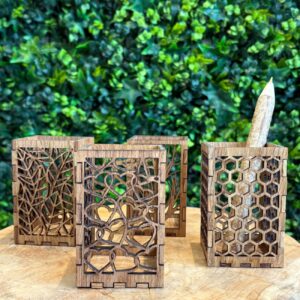 Porte-crayon / Photophore bougie en chêne – 4 motifs